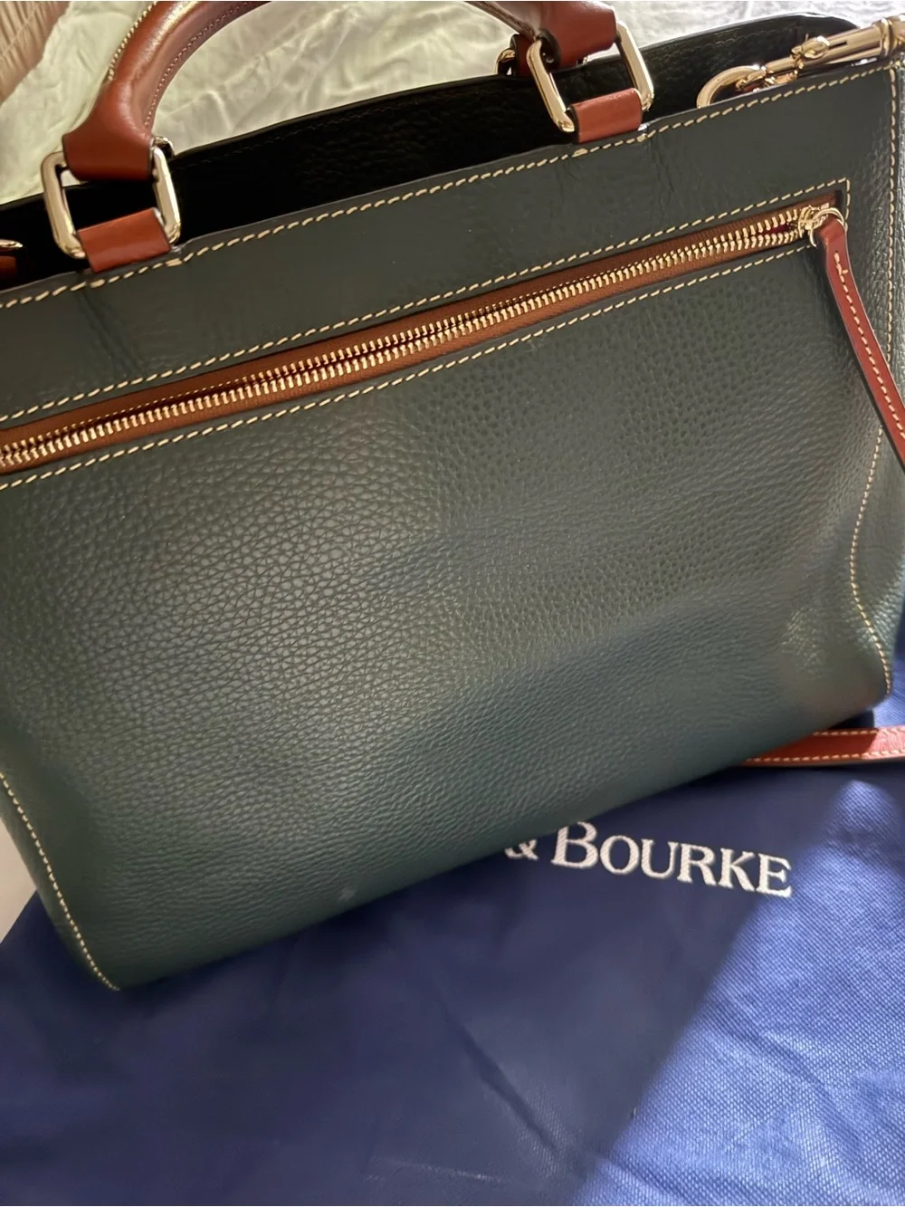 Dooney & Bourke Dark Green Pebbled Leather Satchel with Brown Trim